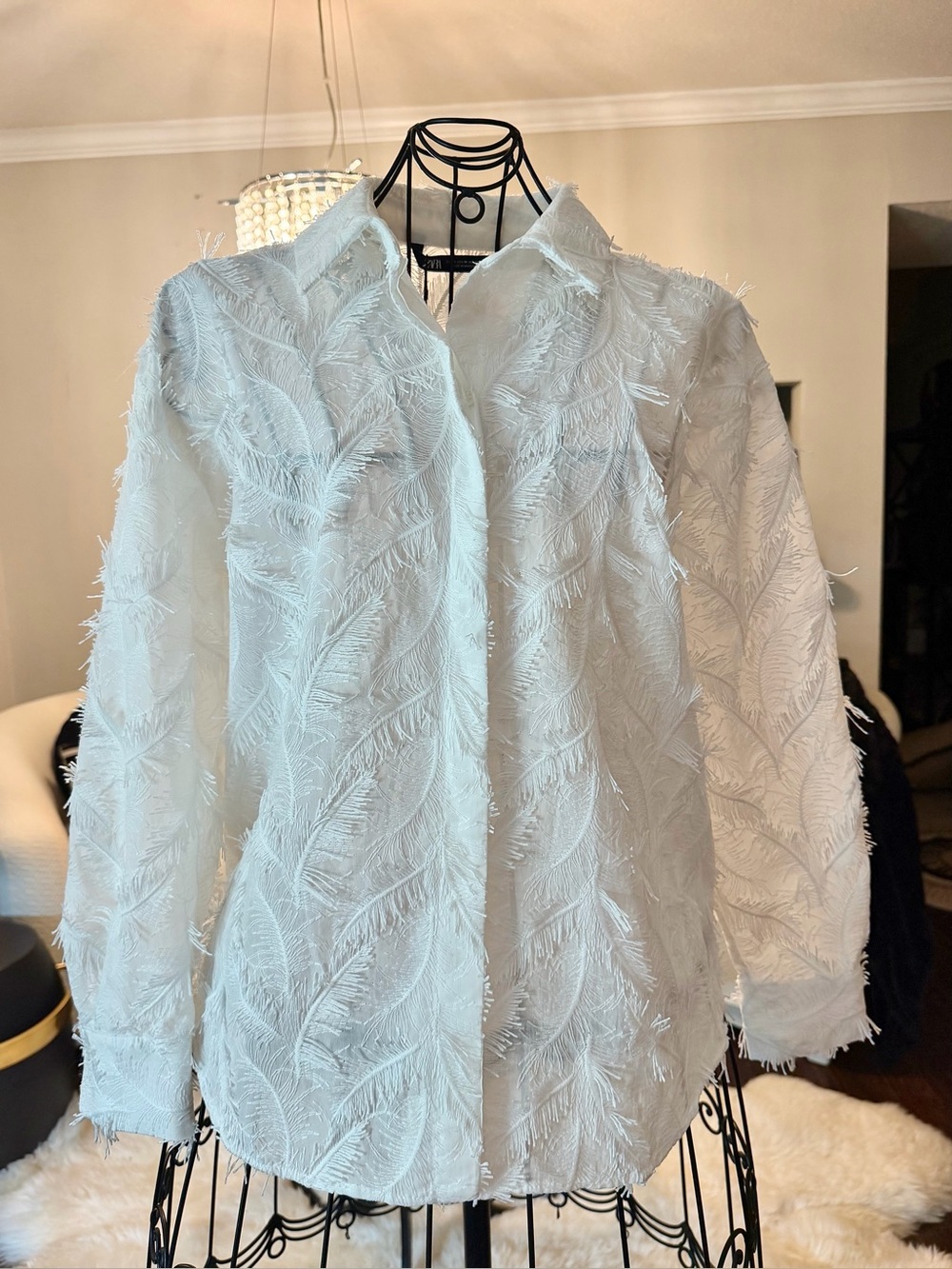 Zara White Feather-Texture Button Down Shirt